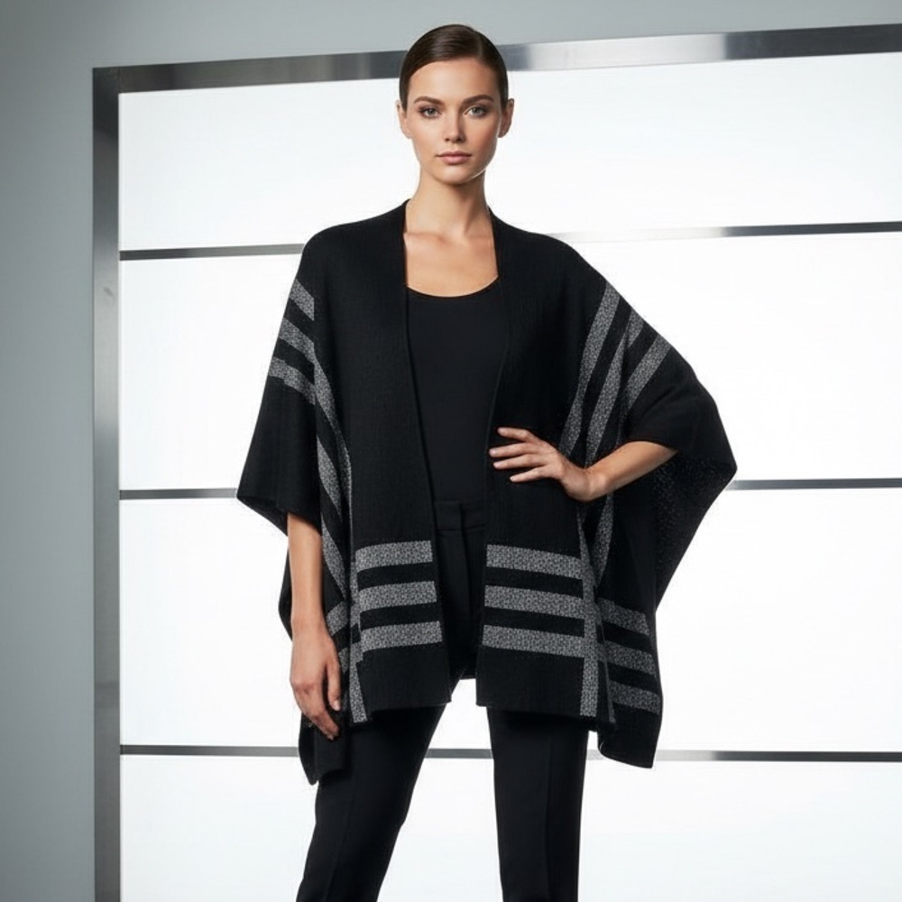 Chico’s Reversible Black Silver Metallic Knit Shawl Layering Poncho One Size
